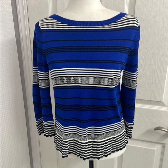 Elegant Striped Sweater in Blue Black & White 3/4 Bell Sleeves Boat Neck Size S - Picture 1 of 12